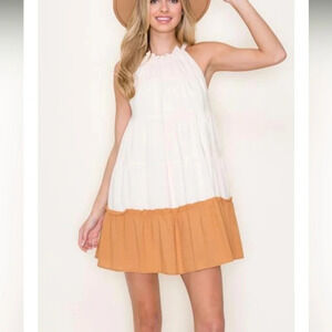 Moodie Tiered Halter Mini Dress – Size Small, Brown & Cream